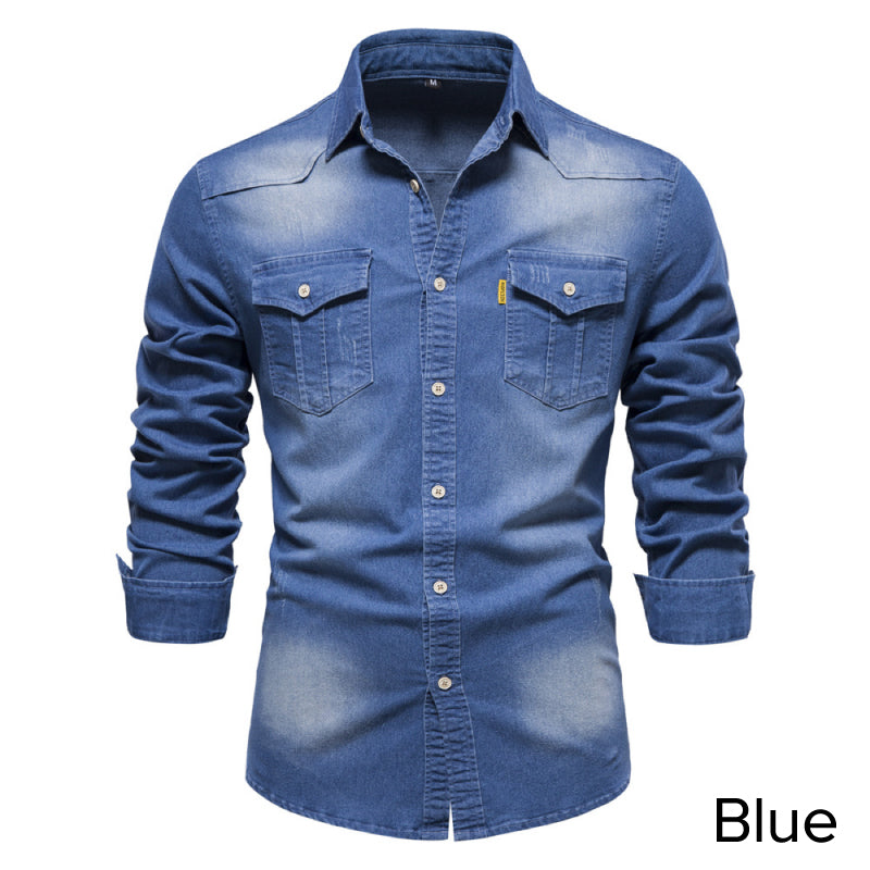 đ„TidsbegrĂ€nsad rabatt | Strykfri herrjeansskjorta med lĂ„ng Ă€rm â Ledig denimlook, perfekt för vardag & fritid