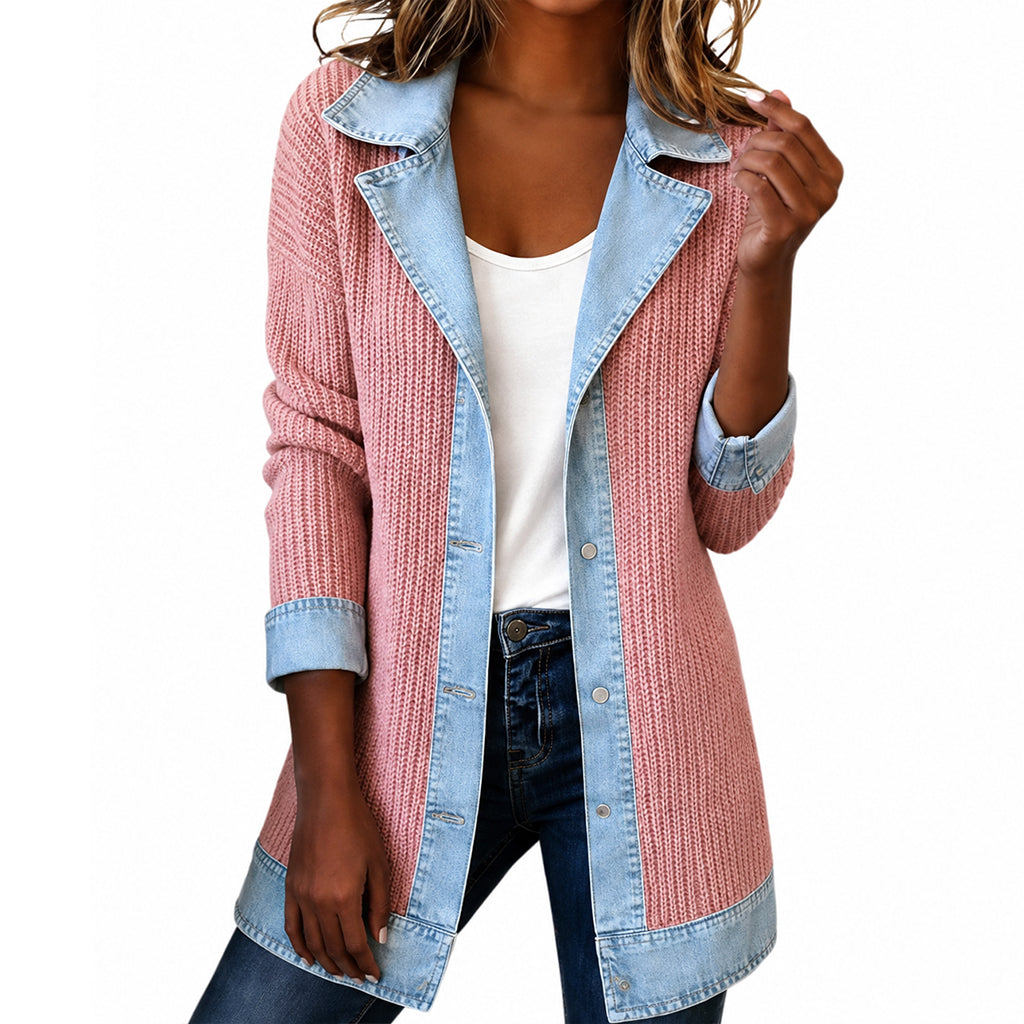 🧥Damens elegant ribbstickad kappa med jeansdetaljer