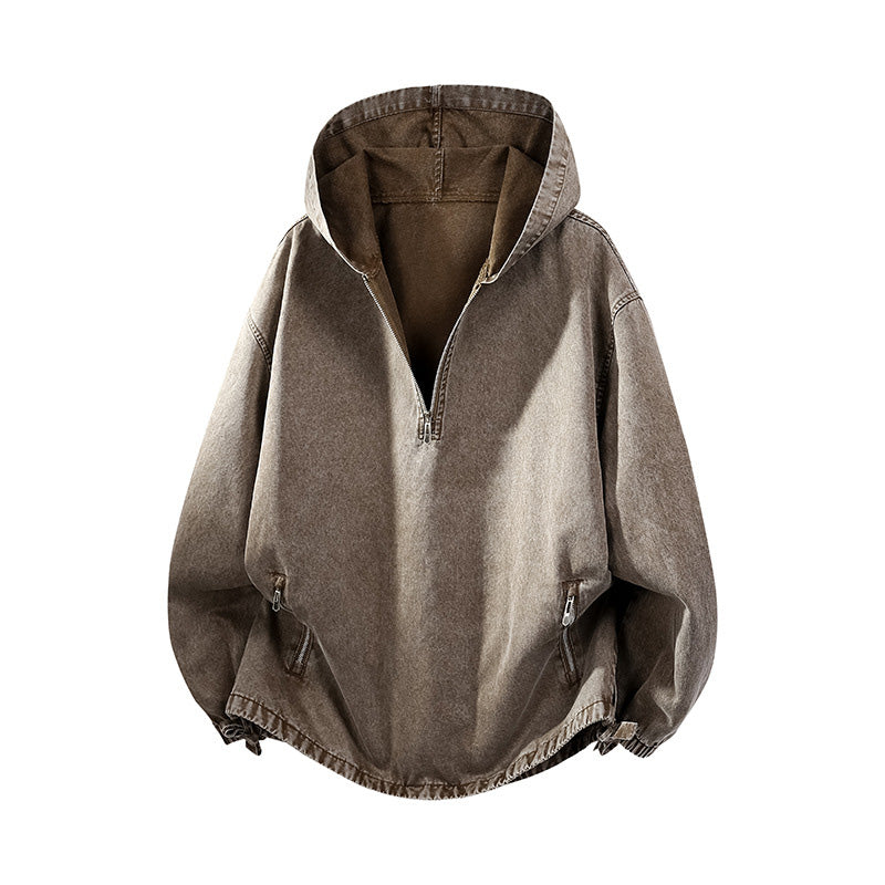 Herrarnas Vintage Hoodie med Halv Dragkedja – Tvättad Casual Tröja med Avslappnad Passform