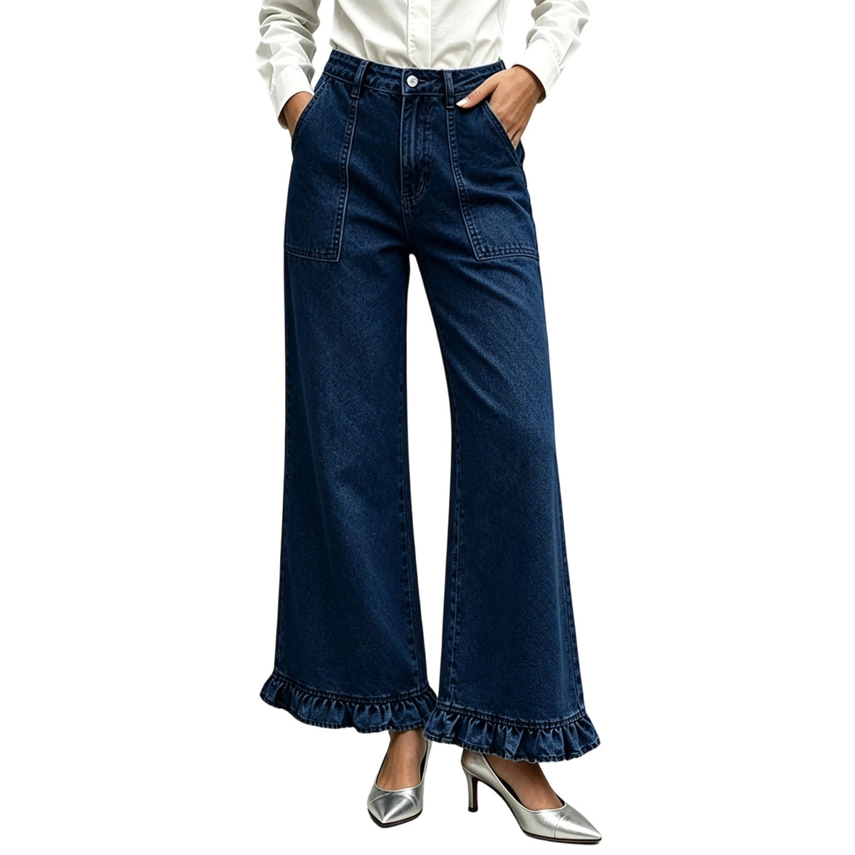 Kvinnors snygga raka jeans med volangkant