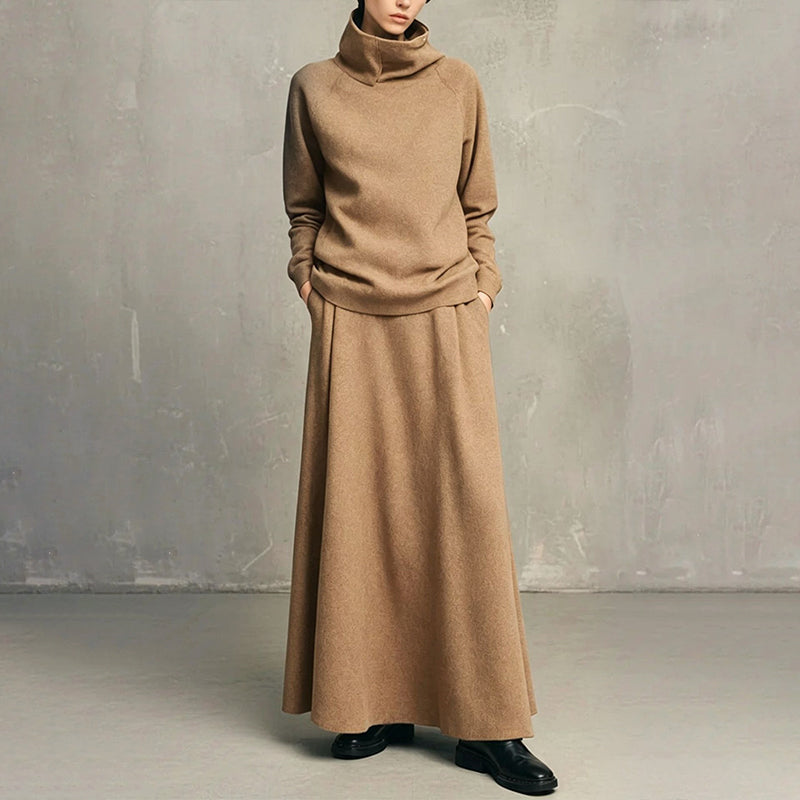 Elegant Stickat Set Dam – Polotröja & Lång Kjol med Bekväm Passform