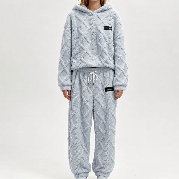 Tidsbegränsat erbjudand✨|Mysigt Fleece Set Dam – Fluffig Hoodie & Byxor med 3D-Struktur, Varm Komfort och Avslappnad Passform