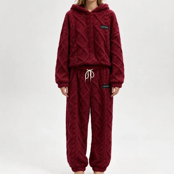 Tidsbegränsat erbjudand✨|Mysigt Fleece Set Dam – Fluffig Hoodie & Byxor med 3D-Struktur, Varm Komfort och Avslappnad Passform