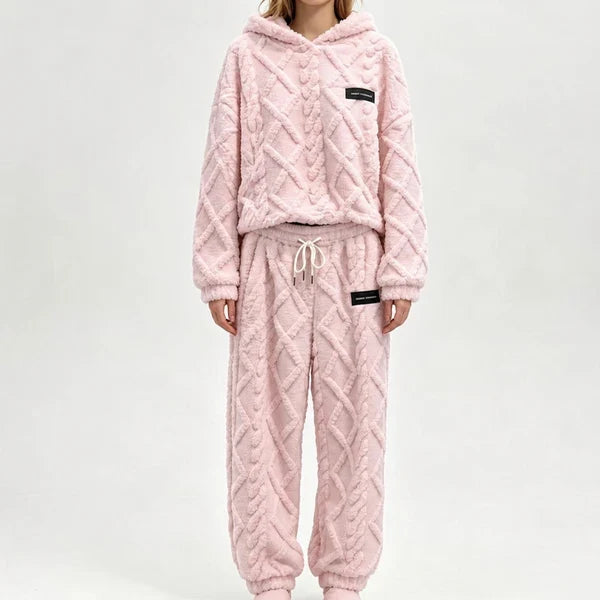Tidsbegränsat erbjudand✨|Mysigt Fleece Set Dam – Fluffig Hoodie & Byxor med 3D-Struktur, Varm Komfort och Avslappnad Passform