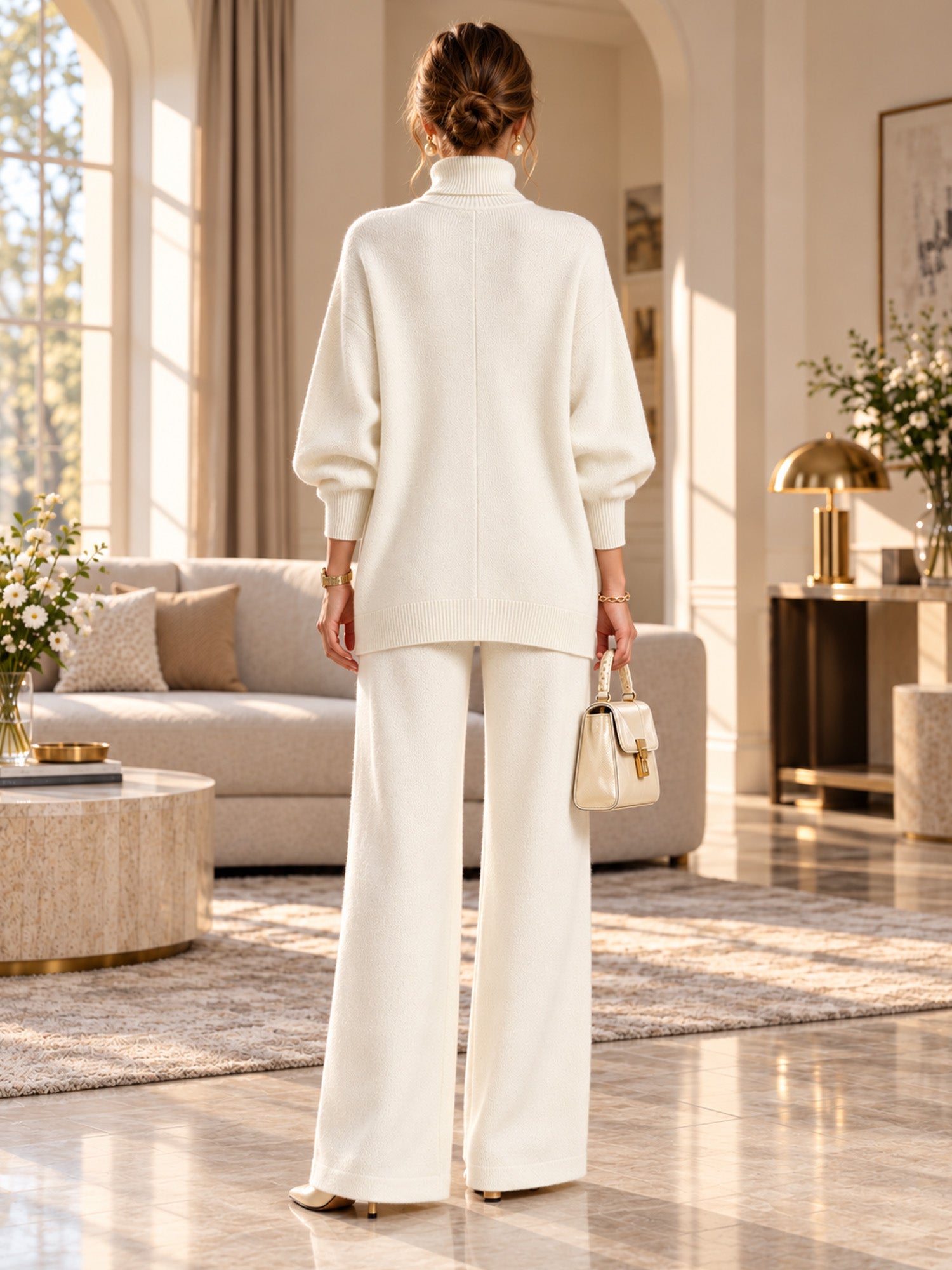 🛍️ Specialerbjudande ✨ Elegant set med damtröja med hög hals och byxor med vida ben – bekväm passform och elegant look