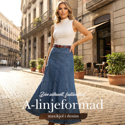 💃 A-linjeformad maxikjol i denim – ger en längre och smalare silhuett