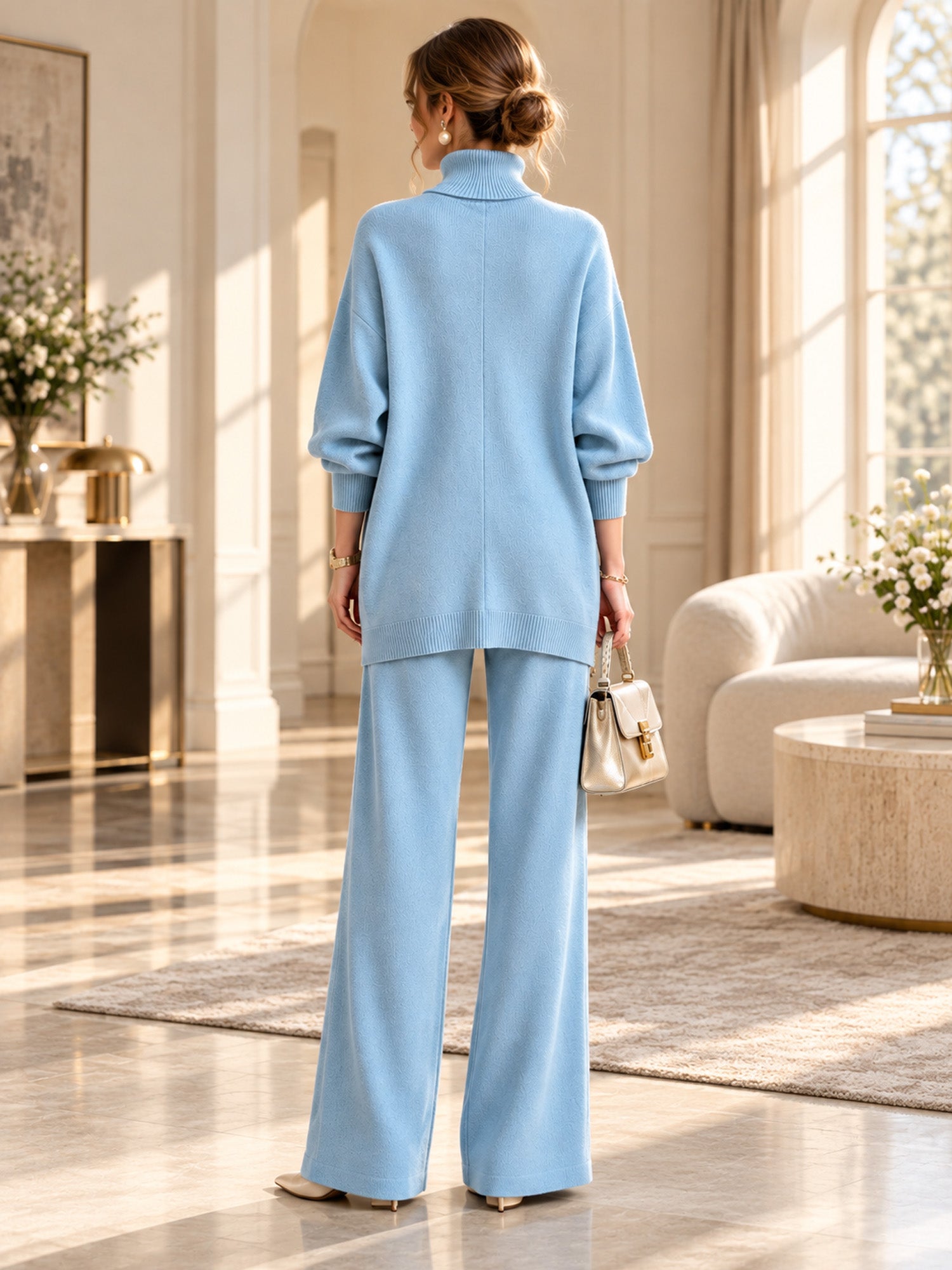 🛍️ Specialerbjudande ✨ Elegant set med damtröja med hög hals och byxor med vida ben – bekväm passform och elegant look