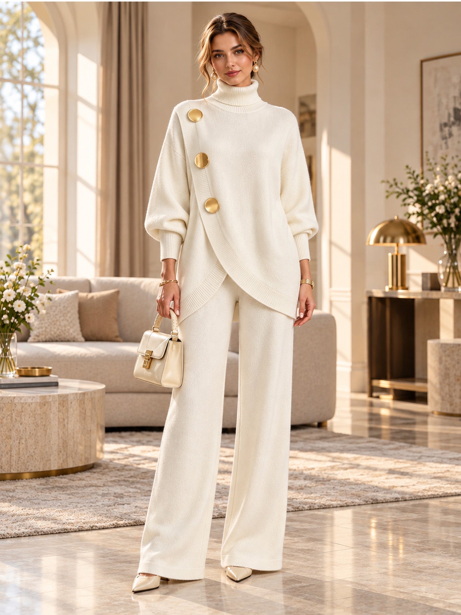 🛍️ Specialerbjudande ✨ Elegant set med damtröja med hög hals och byxor med vida ben – bekväm passform och elegant look