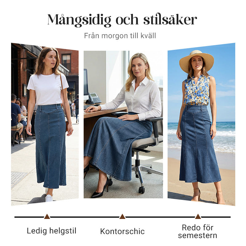 💃 A-linjeformad maxikjol i denim – ger en längre och smalare silhuett