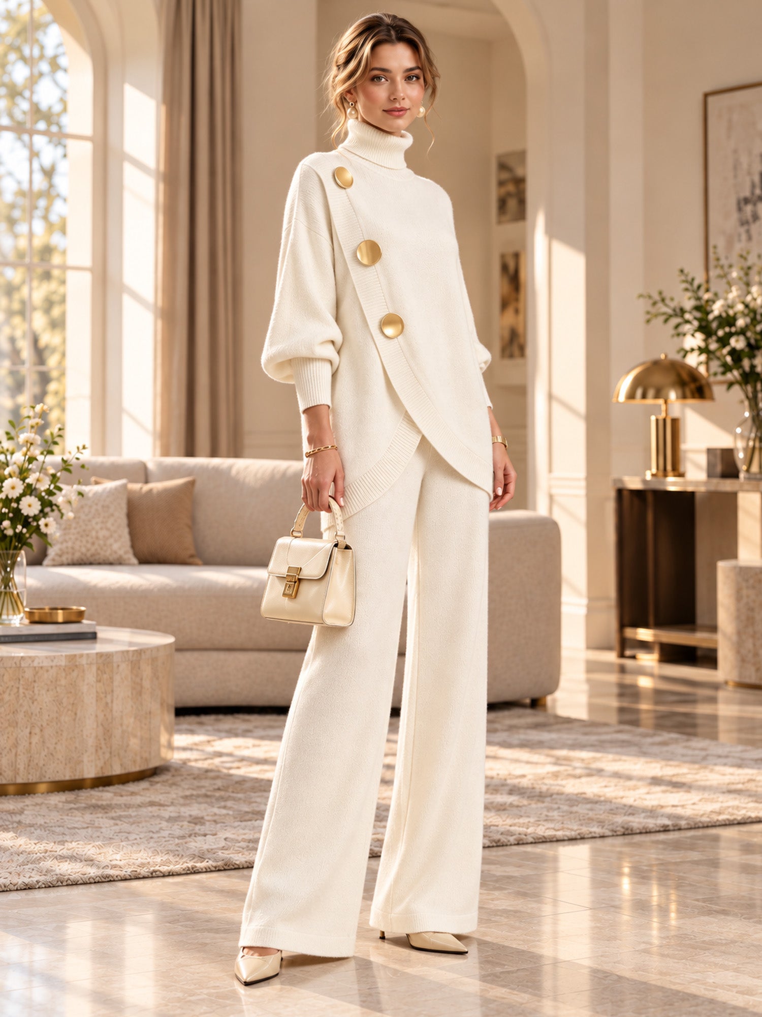 🛍️ Specialerbjudande ✨ Elegant set med damtröja med hög hals och byxor med vida ben – bekväm passform och elegant look