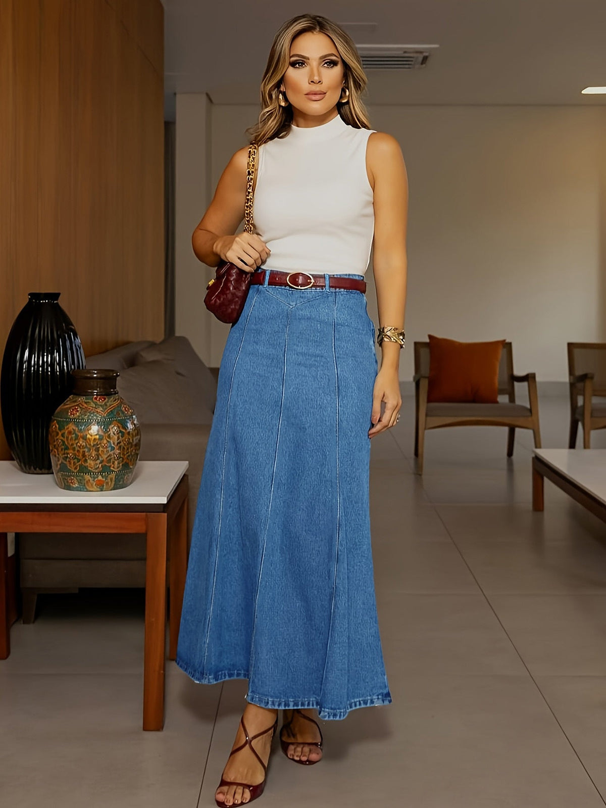 💃 A-linjeformad maxikjol i denim – ger en längre och smalare silhuett