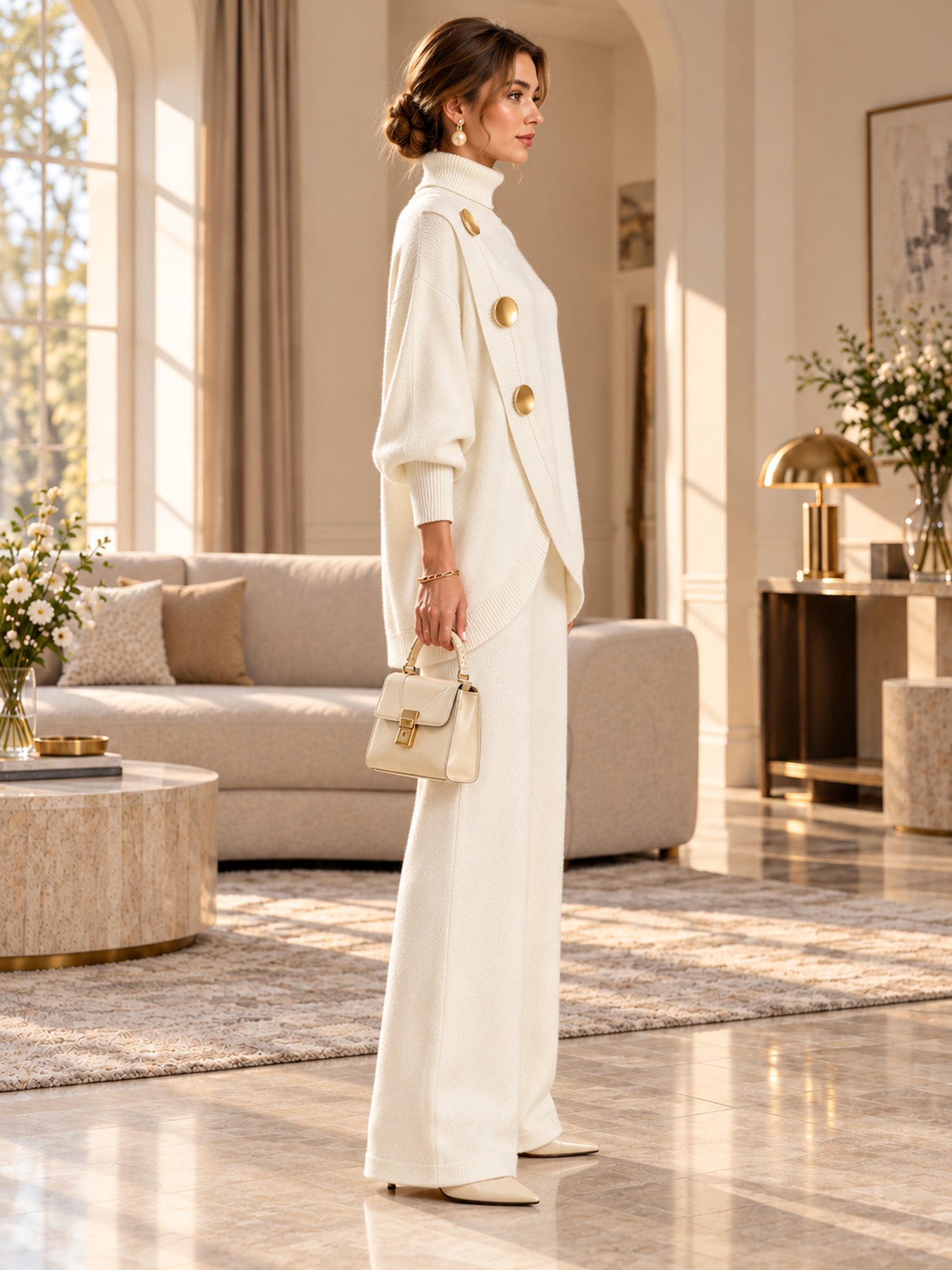 🛍️ Specialerbjudande ✨ Elegant set med damtröja med hög hals och byxor med vida ben – bekväm passform och elegant look