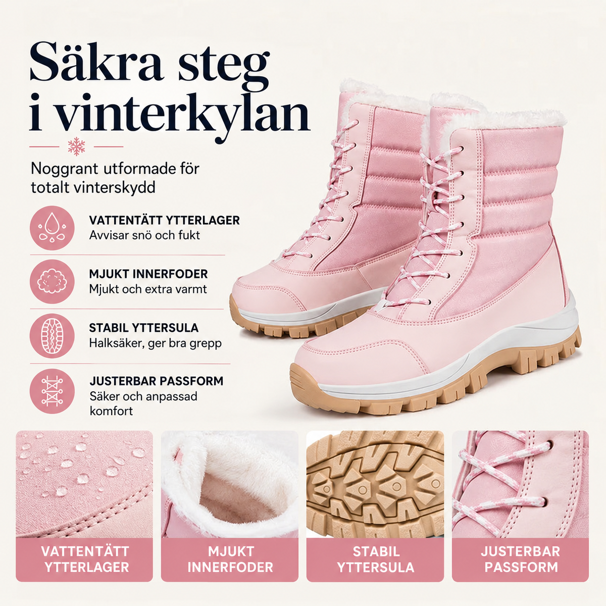👢 Varmfodrade snökängor för dam – mellanhöga med snörning och greppvänlig sula❄️