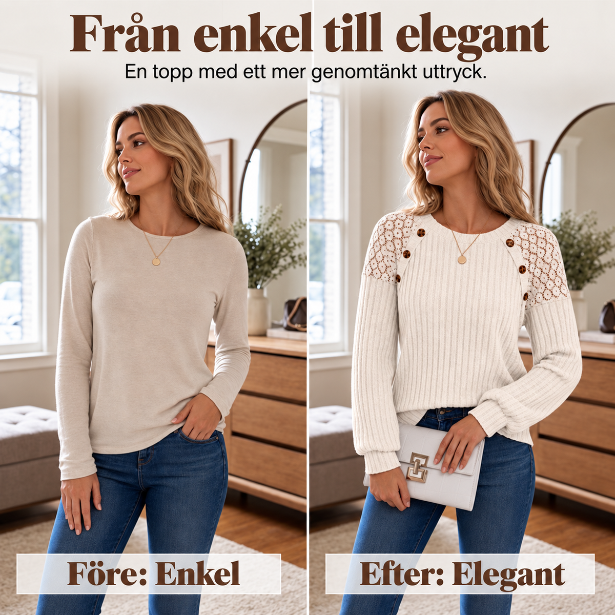 Nyhet✨ 🌸 Elegant Stickad Tröja Dam – Mjuk Komfort med Spetsdetaljer och Feminin Stil