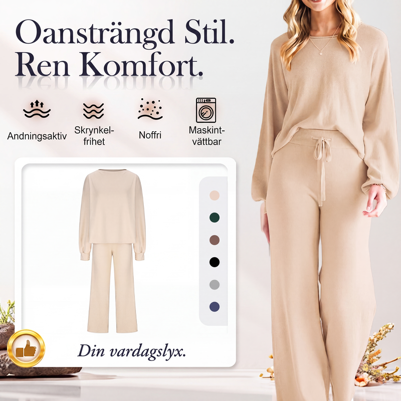 Avslappnad enfärgad topp och byxor med vida ben för dam, 2-delat set