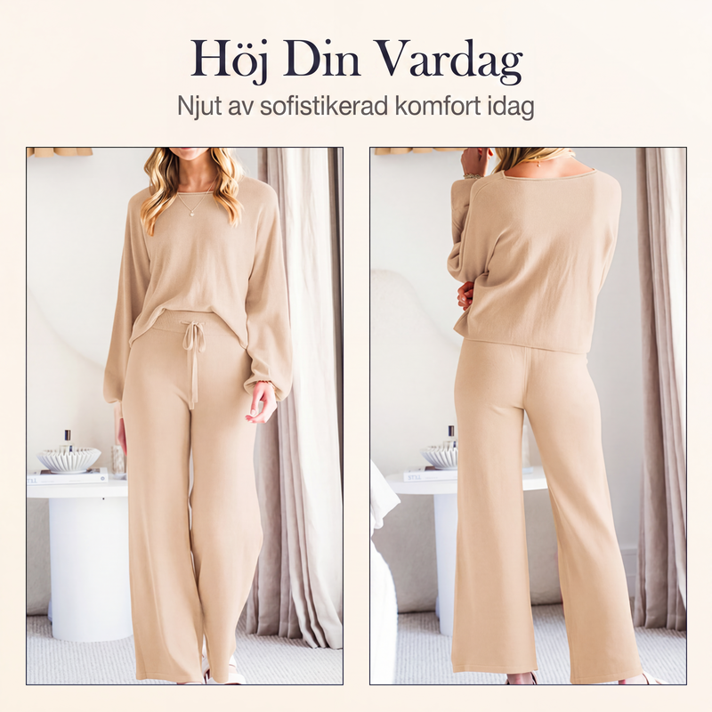 Avslappnad enfärgad topp och byxor med vida ben för dam, 2-delat set