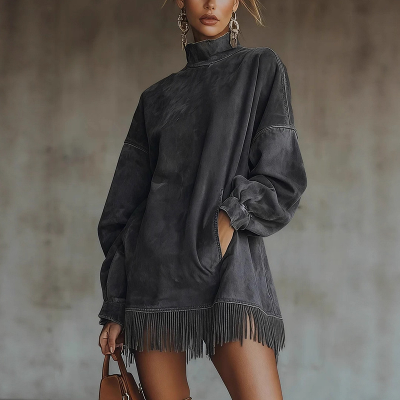 🍂Höstens exklusiva erbjudande|Dam Långärmad Fransklänning – Oversized Höstklänning med Mjuk Komfort och Elegant Stil