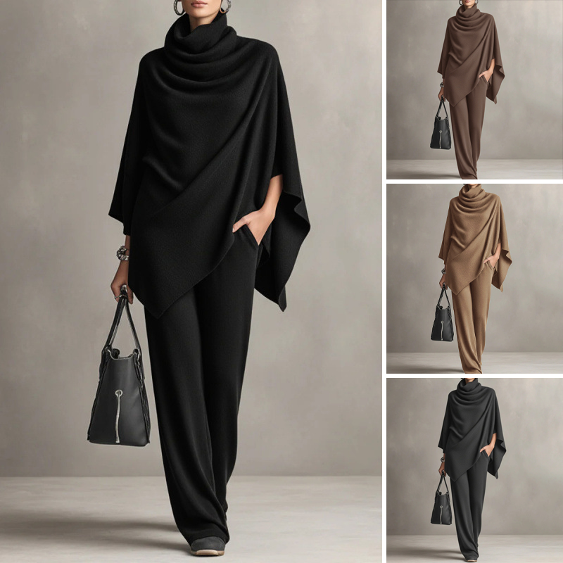 🍂Nya höstnyheter|Elegant Stickat Set för Dam – Polotröja & Vida Byxor med Mjuk Komfortpassform