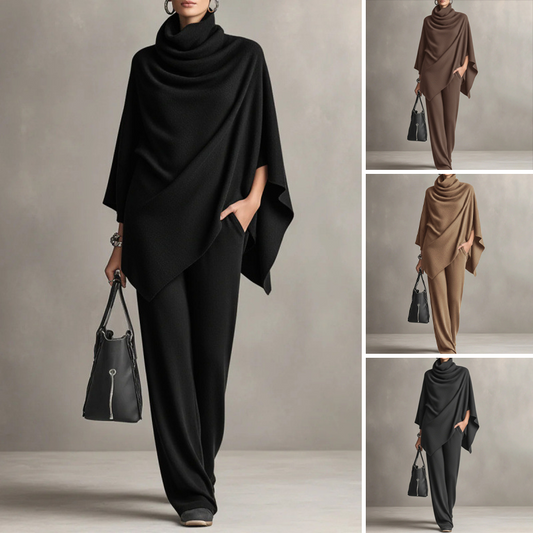 🍂Nya höstnyheter|Elegant Stickat Set för Dam – Polotröja & Vida Byxor med Mjuk Komfortpassform