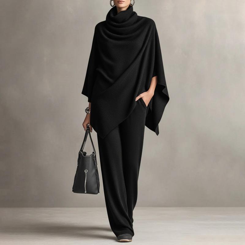 🍂Nya höstnyheter|Elegant Stickat Set för Dam – Polotröja & Vida Byxor med Mjuk Komfortpassform