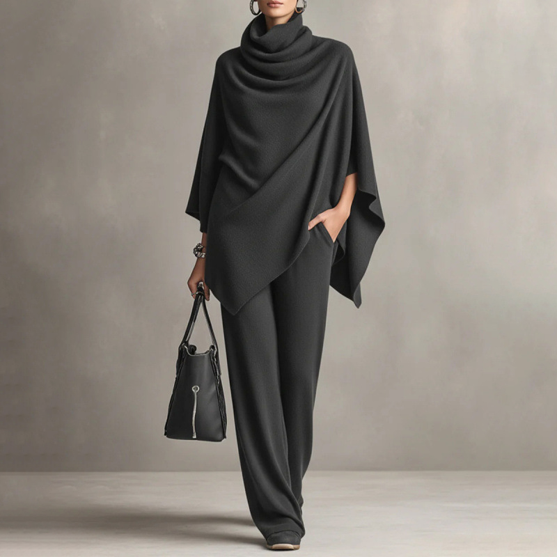 🍂Nya höstnyheter|Elegant Stickat Set för Dam – Polotröja & Vida Byxor med Mjuk Komfortpassform