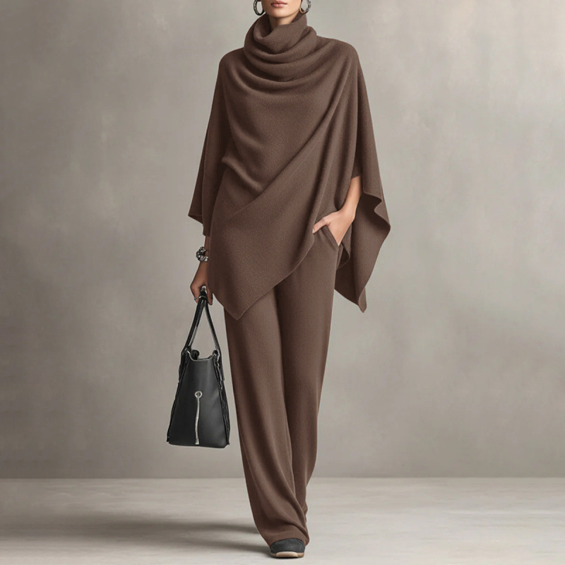 🍂Nya höstnyheter|Elegant Stickat Set för Dam – Polotröja & Vida Byxor med Mjuk Komfortpassform