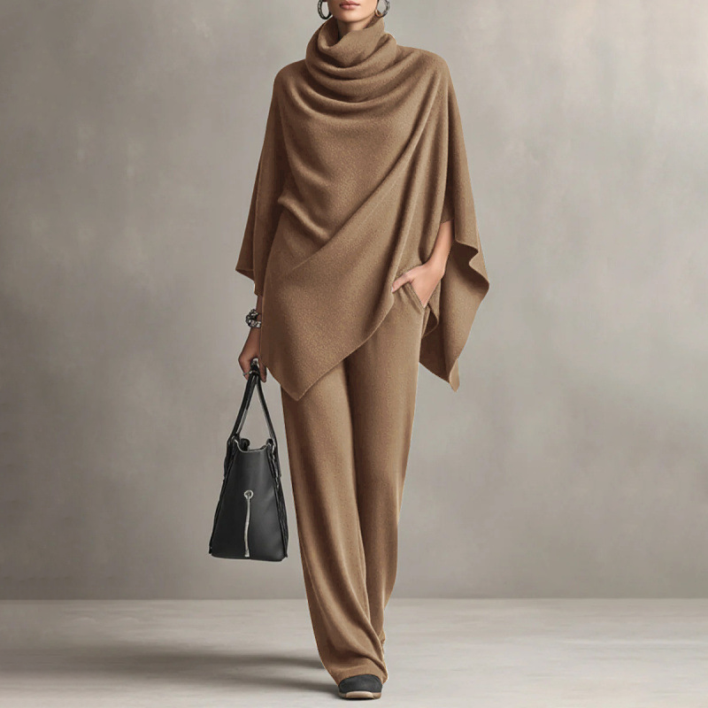 🍂Nya höstnyheter|Elegant Stickat Set för Dam – Polotröja & Vida Byxor med Mjuk Komfortpassform