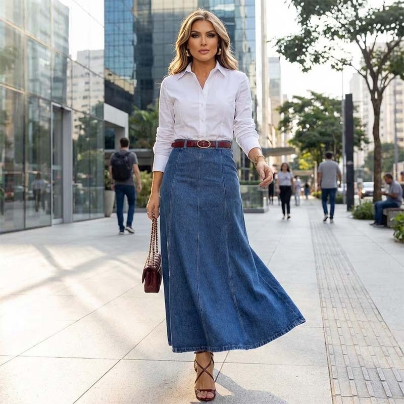 💃 A-linjeformad maxikjol i denim – ger en längre och smalare silhuett