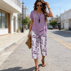 🥳Last Day Special Price👗Women's 2-Piece Set – Layered Asymmetrical Tunic Top & Printed Wide Leg Pants, Breathable Polyester✨