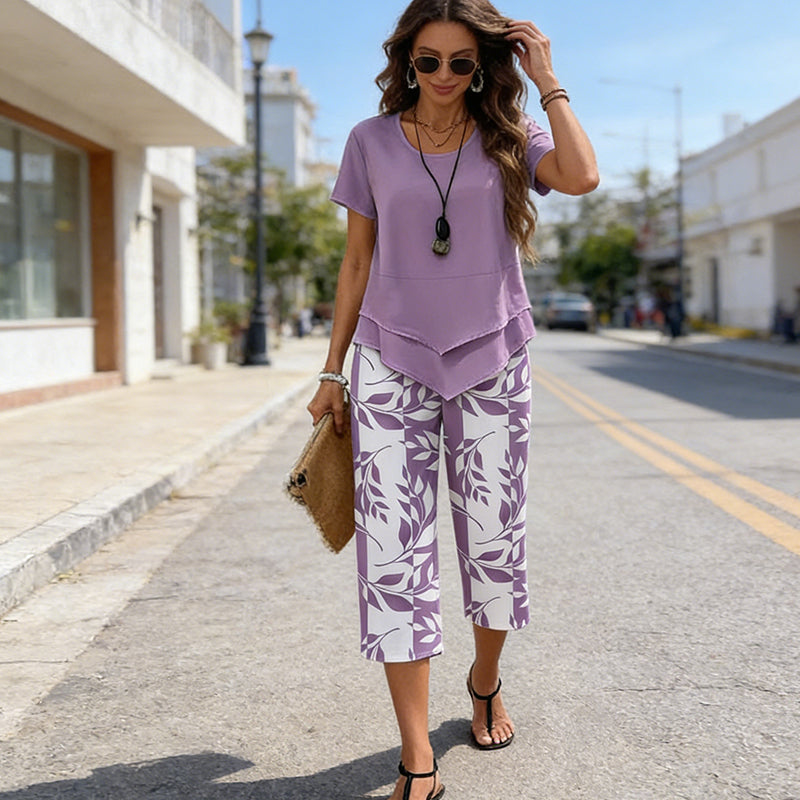🥳Last Day Special Price👗Women's 2-Piece Set – Layered Asymmetrical Tunic Top & Printed Wide Leg Pants, Breathable Polyester✨