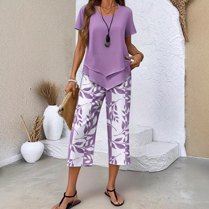 🥳Last Day Special Price👗Women's 2-Piece Set – Layered Asymmetrical Tunic Top & Printed Wide Leg Pants, Breathable Polyester✨