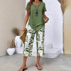 🥳Last Day Special Price👗Women's 2-Piece Set – Layered Asymmetrical Tunic Top & Printed Wide Leg Pants, Breathable Polyester✨