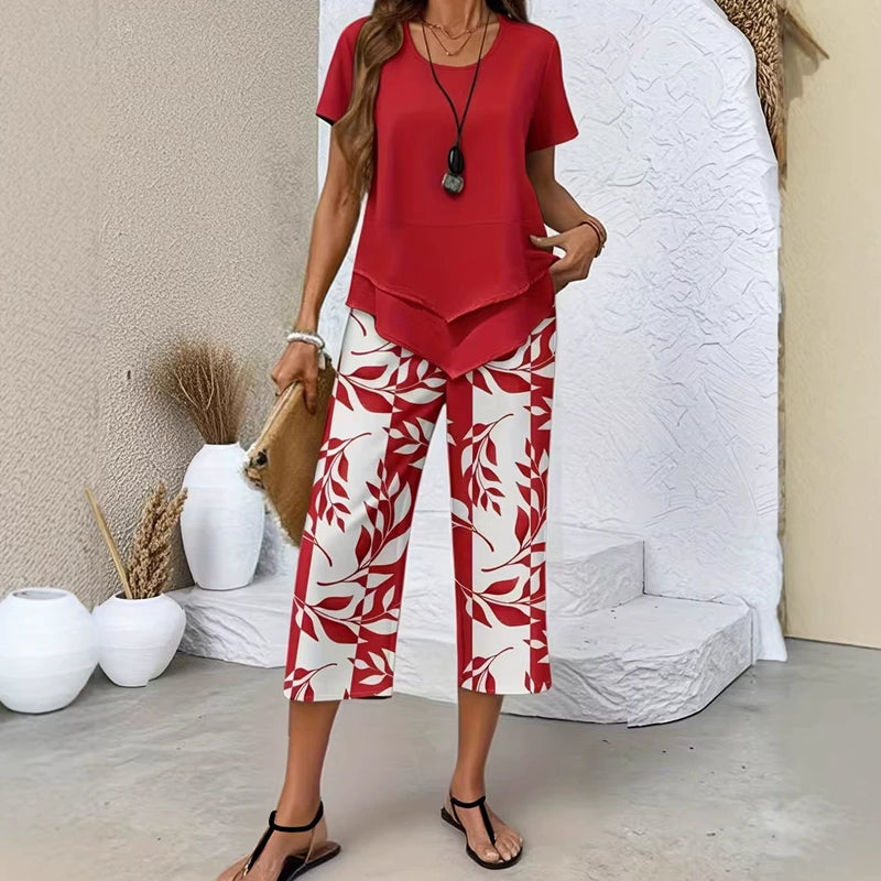 🥳Last Day Special Price👗Women's 2-Piece Set – Layered Asymmetrical Tunic Top & Printed Wide Leg Pants, Breathable Polyester✨