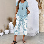 🥳Last Day Special Price👗Women's 2-Piece Set – Layered Asymmetrical Tunic Top & Printed Wide Leg Pants, Breathable Polyester✨
