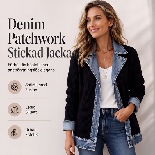 🧥Damens elegant ribbstickad kappa med jeansdetaljer