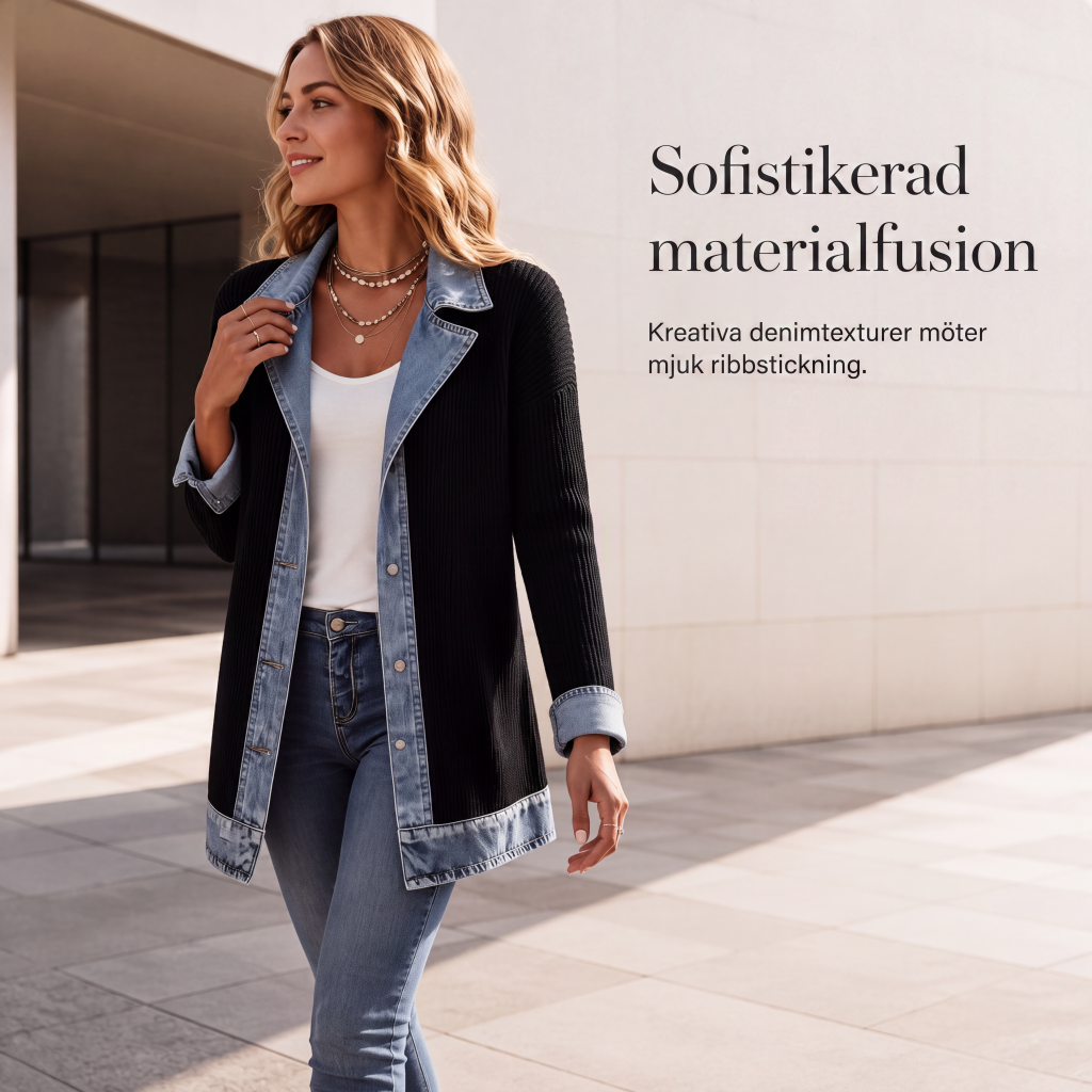🧥Damens elegant ribbstickad kappa med jeansdetaljer