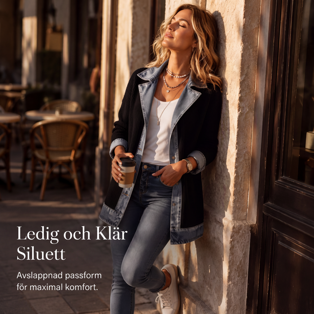 🧥Damens elegant ribbstickad kappa med jeansdetaljer