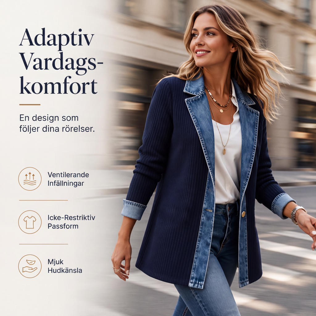 🧥Damens elegant ribbstickad kappa med jeansdetaljer