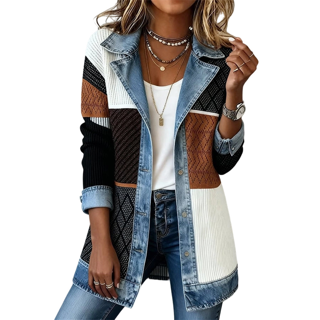 🧥Damens elegant ribbstickad kappa med jeansdetaljer