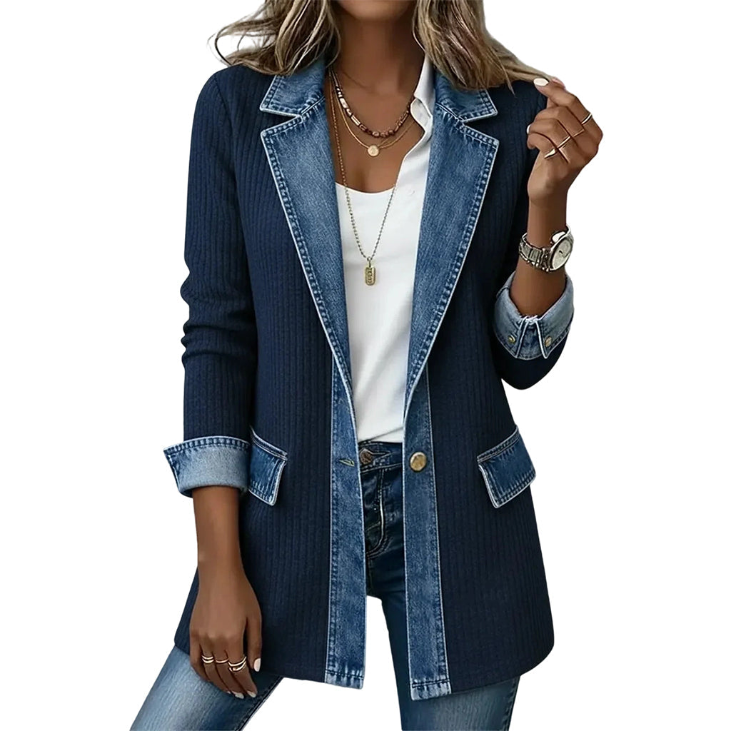🧥Damens elegant ribbstickad kappa med jeansdetaljer