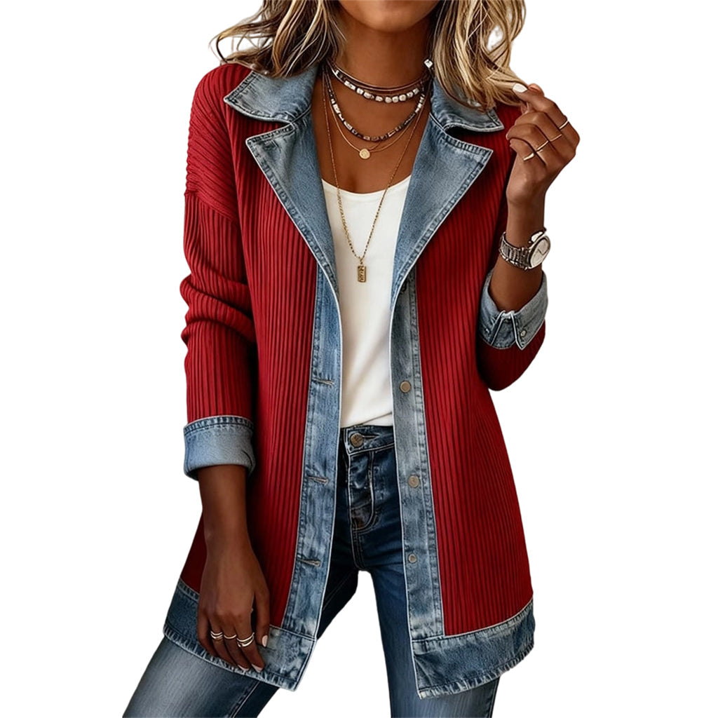 🧥Damens elegant ribbstickad kappa med jeansdetaljer