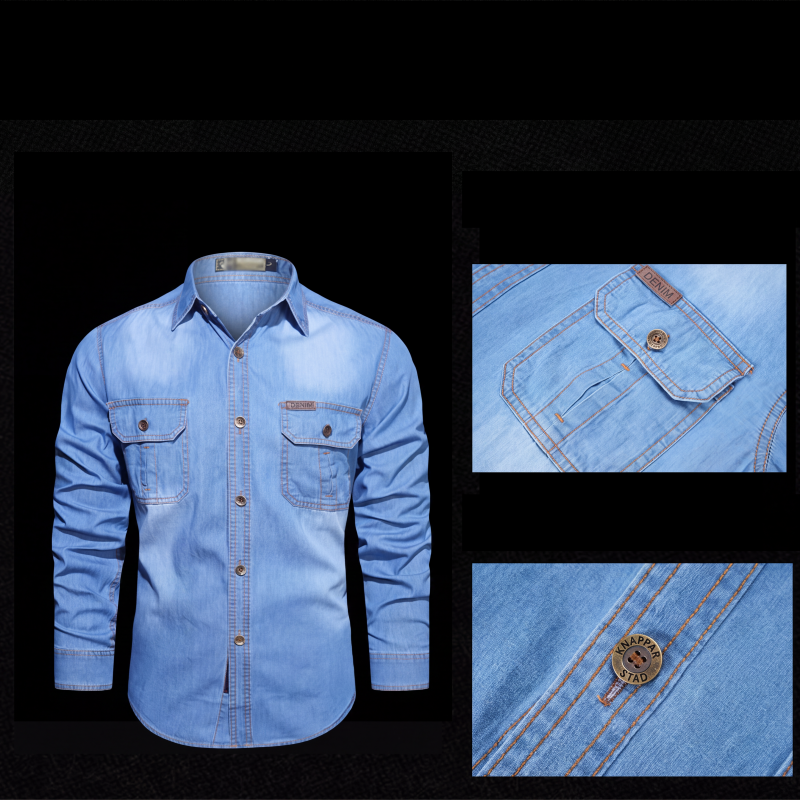 Nyhet✨Herrarnas Denimskjorta i Bomullsblandning – Bekväm Regular Fit med Praktiska Bröstfickor