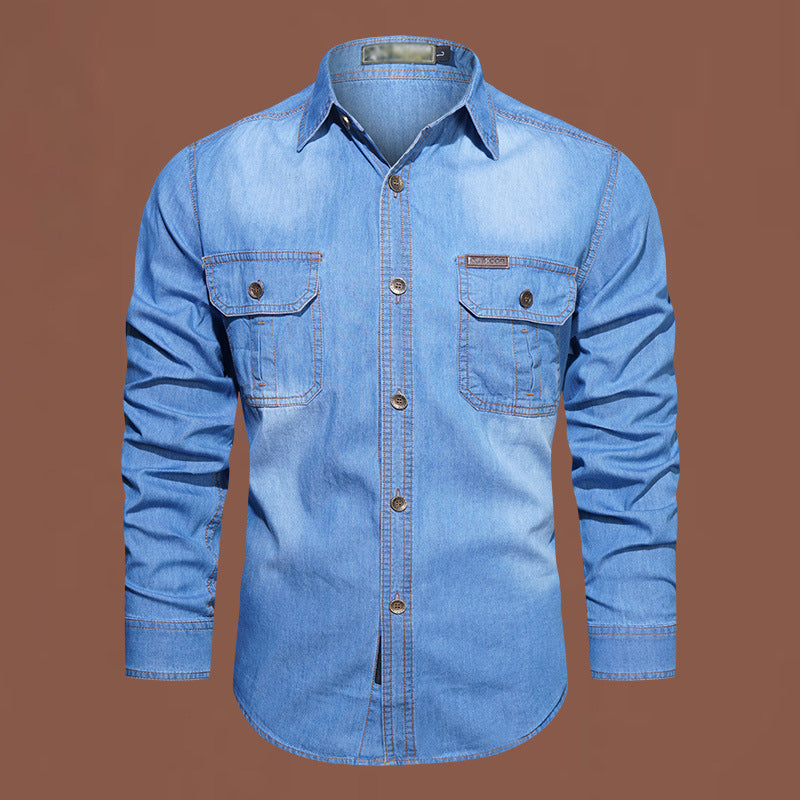 Nyhet✨Herrarnas Denimskjorta i Bomullsblandning – Bekväm Regular Fit med Praktiska Bröstfickor
