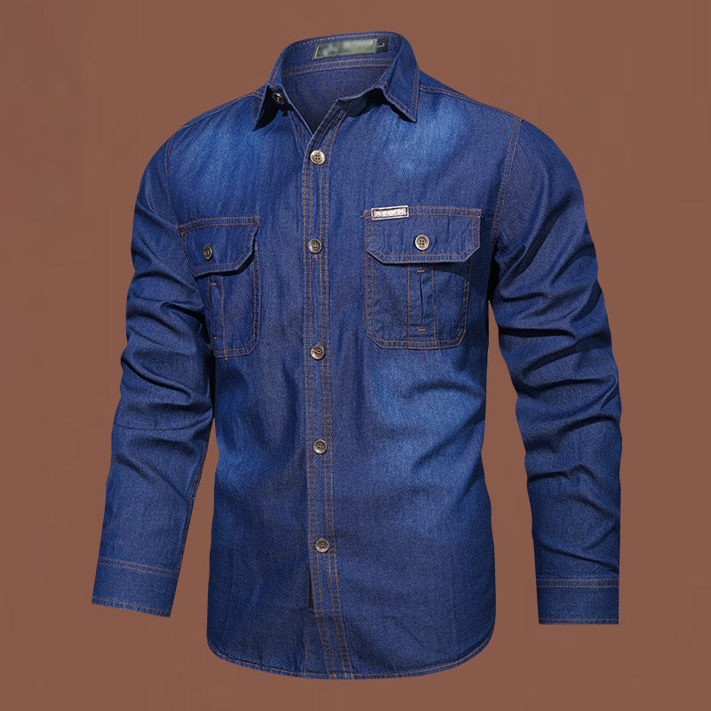 Nyhet✨Herrarnas Denimskjorta i Bomullsblandning – Bekväm Regular Fit med Praktiska Bröstfickor