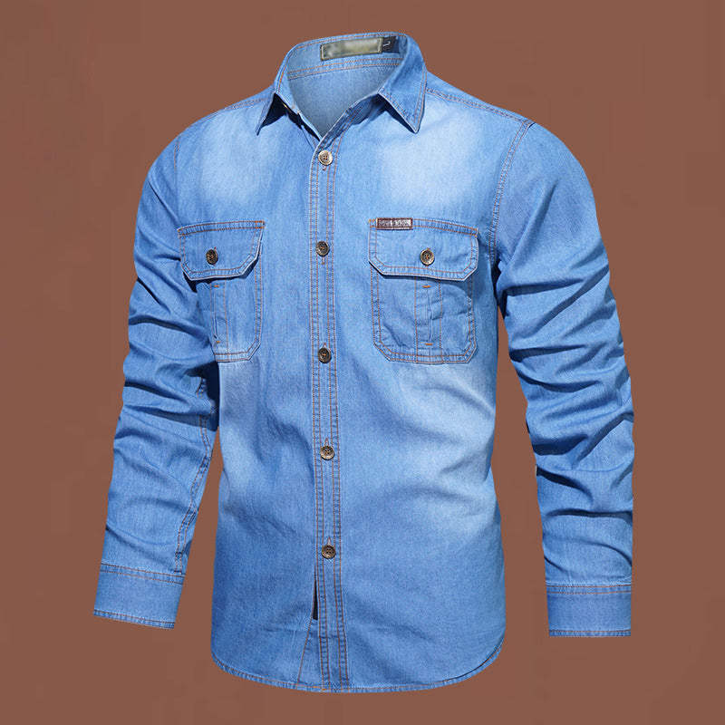 Nyhet✨Herrarnas Denimskjorta i Bomullsblandning – Bekväm Regular Fit med Praktiska Bröstfickor