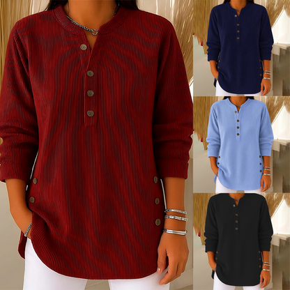 Bästsäljare🔥 👚 Damernas Henley-Topp – Mjuk Ribbstickad Tröja med Sidoknappar för Elegant Vardag
