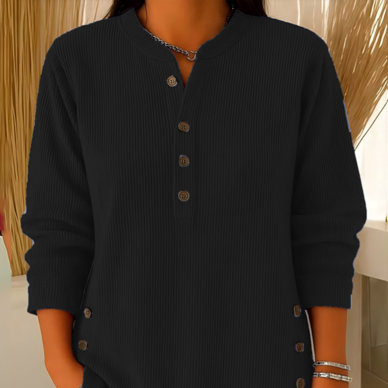 Bästsäljare🔥 👚 Damernas Henley-Topp – Mjuk Ribbstickad Tröja med Sidoknappar för Elegant Vardag
