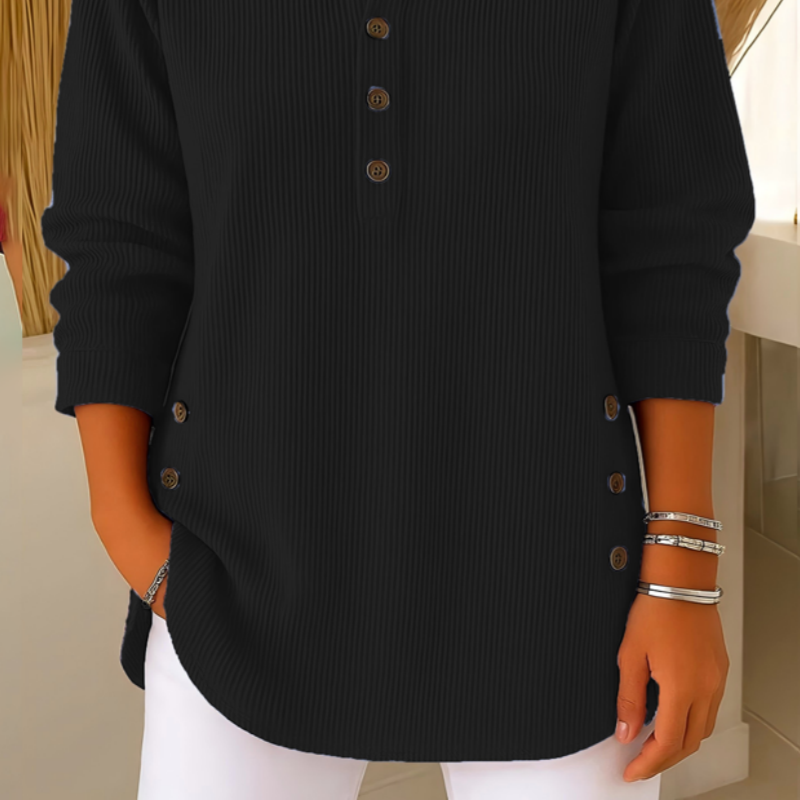Bästsäljare🔥 👚 Damernas Henley-Topp – Mjuk Ribbstickad Tröja med Sidoknappar för Elegant Vardag