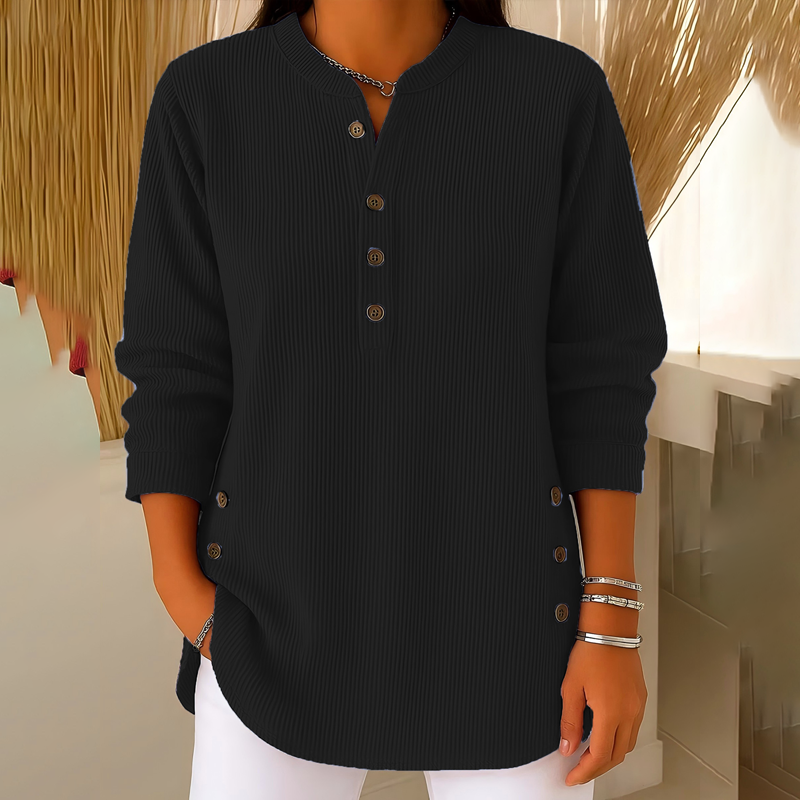 Bästsäljare🔥 👚 Damernas Henley-Topp – Mjuk Ribbstickad Tröja med Sidoknappar för Elegant Vardag