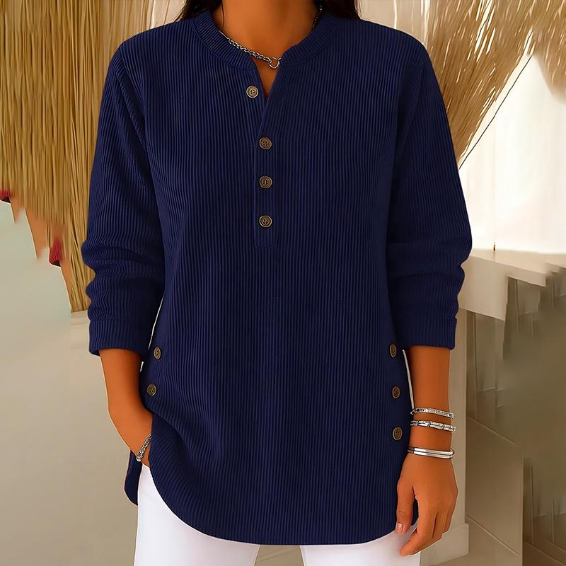 Bästsäljare🔥 👚 Damernas Henley-Topp – Mjuk Ribbstickad Tröja med Sidoknappar för Elegant Vardag